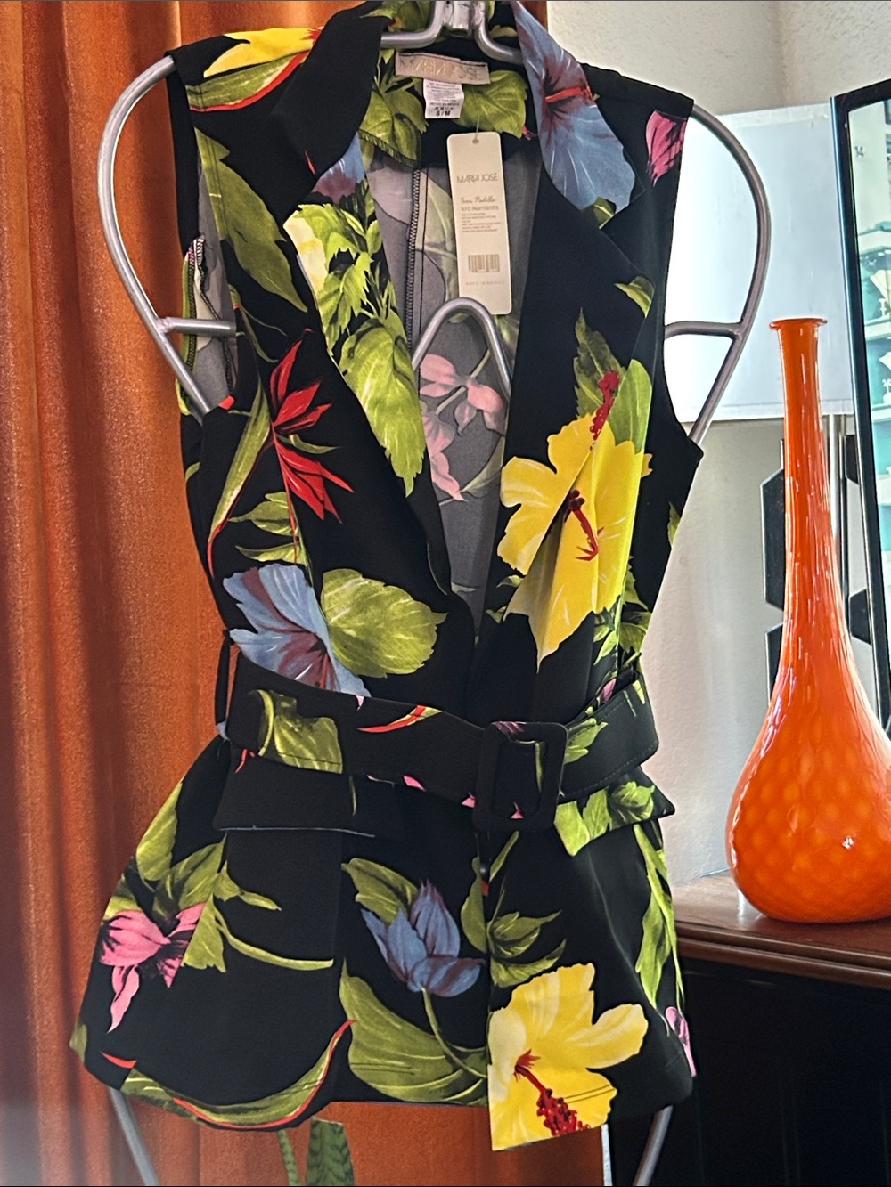 Sleeveless Floral Belted Jumpsuit - Black with Yellow & Green Floral